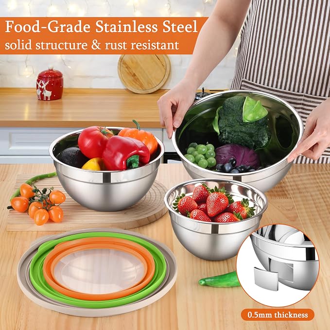 LIANYU Mixing Bowls with Lid Set of 3, Stainless Steel Metal Mixing Bowls | - Image 3
