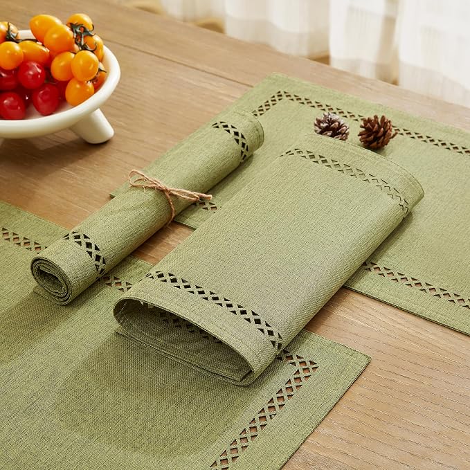 Farmhouse Burlap Hollow Placemats Set of 6, 12 x18 Inch Sage Green | Double - Image 6