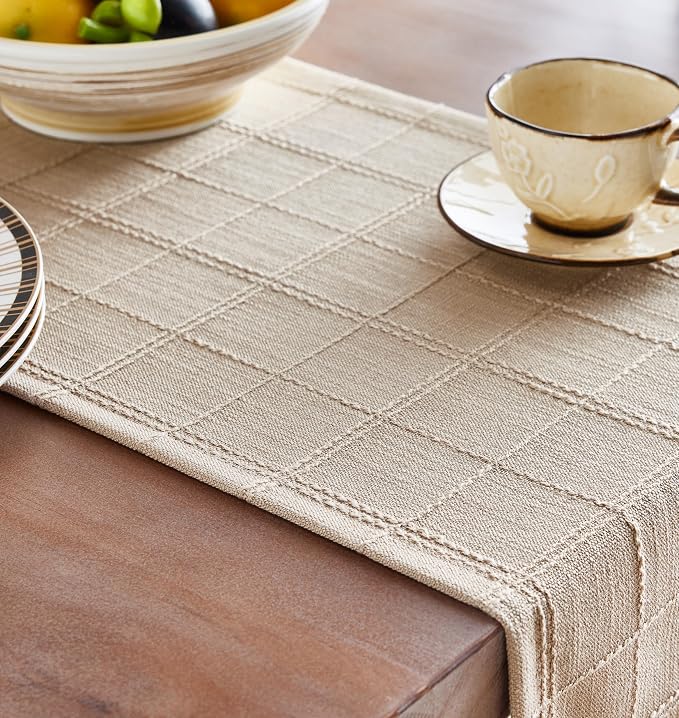 Linen Checked Farmhouse Table Runner, 13x90 Inches Neutral Beige | Raised Grid - Image 5