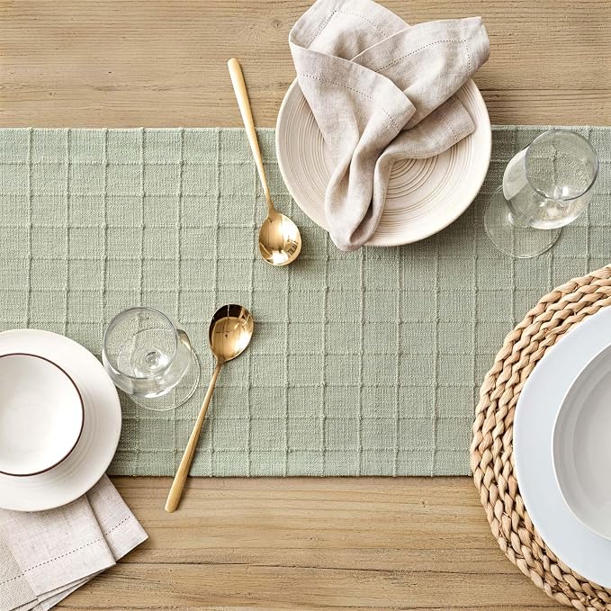 Artisanal Grid Linen Table Runner, 13x108 Inches Seeding Green | Heavy Textured - Image 5