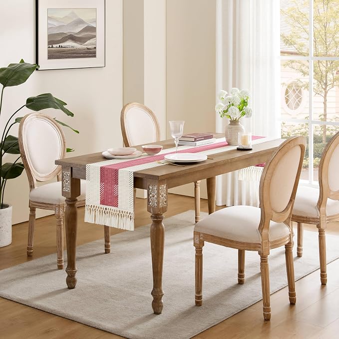 Macrame Style Bicolor Stitching Table Runner 14x48in Dusty Rose | Woven Boho - Image 3