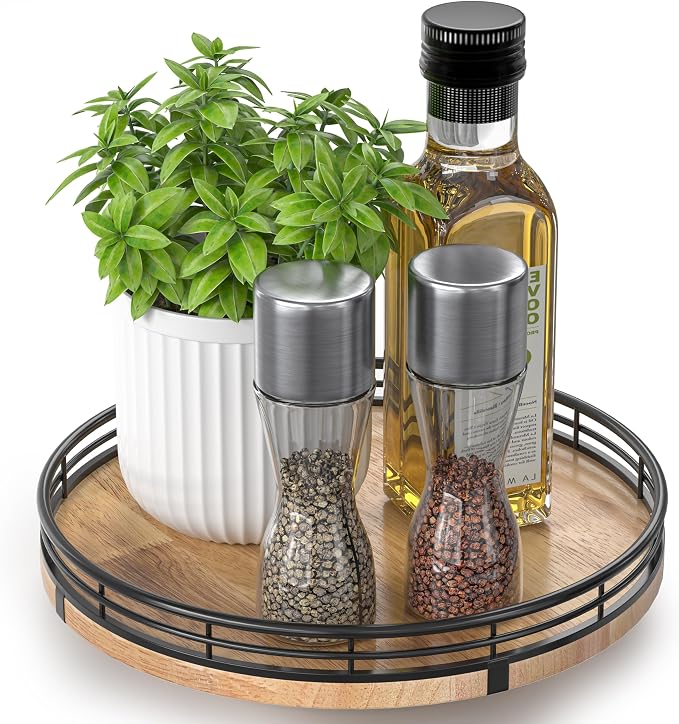 AMH 9-Inch Farmhouse Oak Lazy Susan Cabinet Organizer | Smooth rotating oak tray by AMH