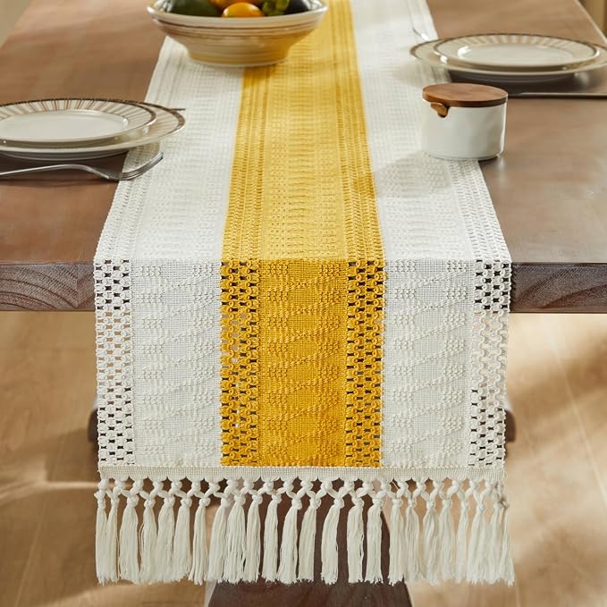 Macrame Style Bicolor Stitching Table Runner 14x60in Mustard | Woven Boho Table - Image 3
