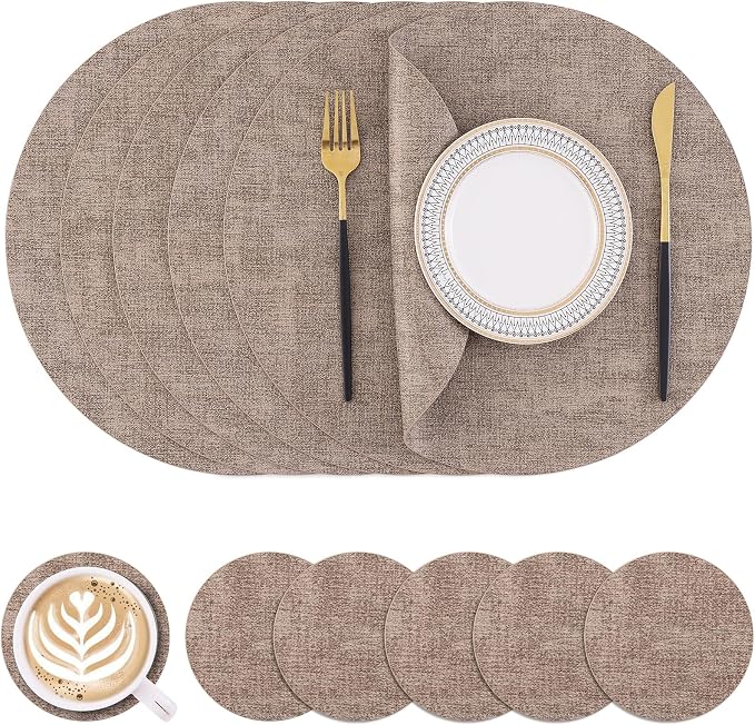 Homaxy Round Faux Leather Placemats and Coasters, Light Brown | Washable by Homaxy