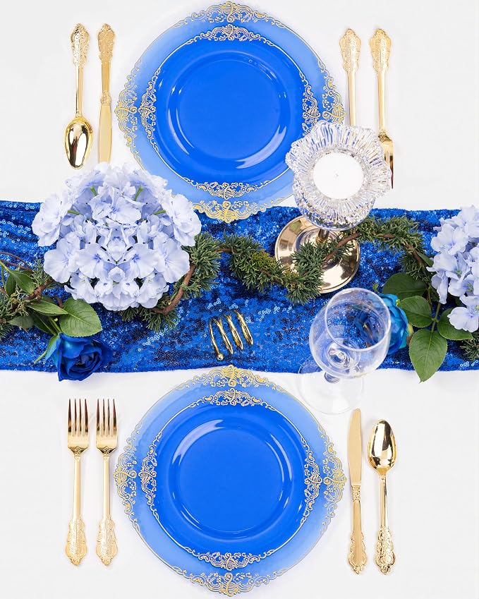 Nervure 350Pcs Blue Plastic Plates, Plastic Dinnerware Set - Image 6