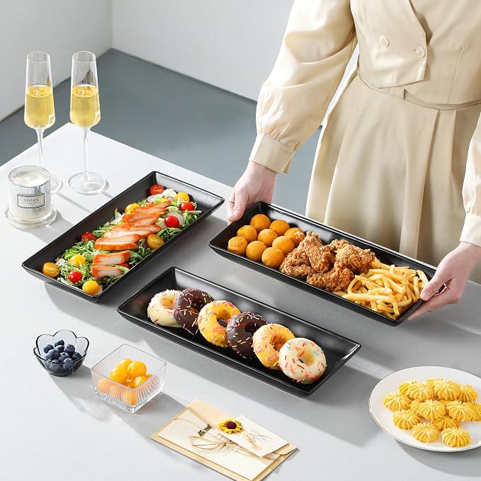 MALACASA 3 Tier Serving Trays for Party, 14 Inch Porcelain Black Trays for - Image 5