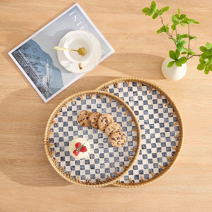 Round Rattan Tray with Mother of Pearl Inlay, Rattan Serving Tray with Wooden - Image 2