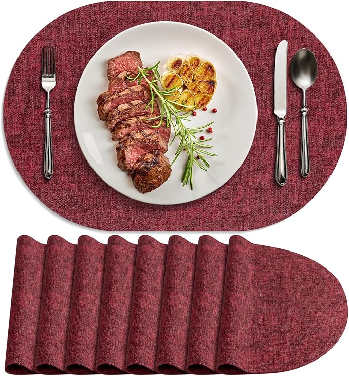 Placemats for Dining Table Set of 8 Non-Slip, Heat Resistant Oval Leather by Delicateandelegantplacemats