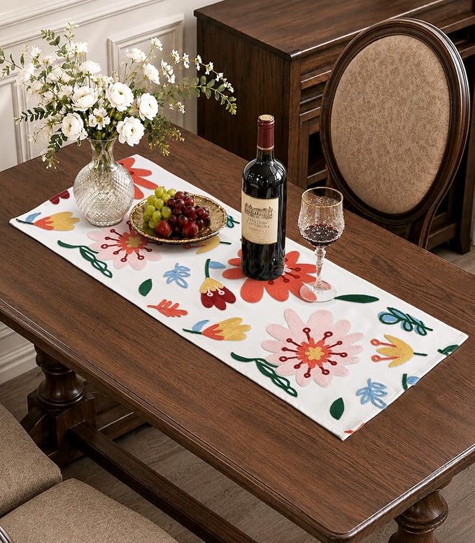 Canvas Embroidered Narrow 13"x 36" Table Runner, Colorful Flower | Exquisite by Kokaaee