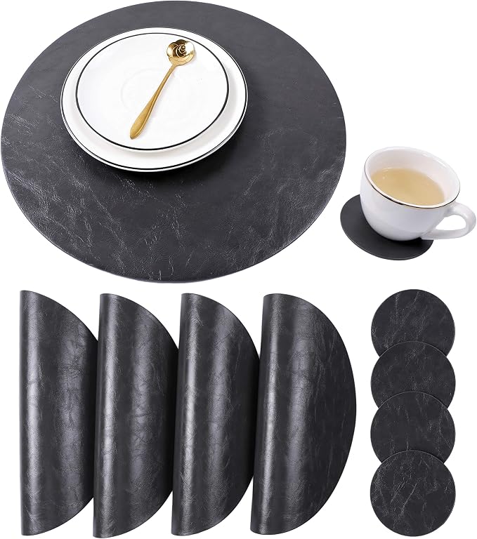 Jovono Set of 4 Round Placemats and Coasters, Faux Leather Table Mats and Desk by JOVONO