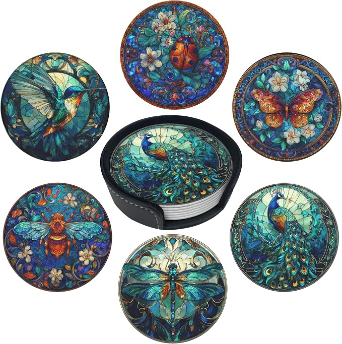 Insect Coasters Leather Round Drink Coasters 6 Pcs Set by Yopiiefa