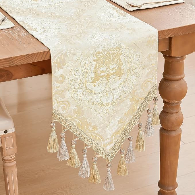 Loom and Mill Elegant Damask Table Runner 13x90 inch, Champagne Gold | Double - Image 3
