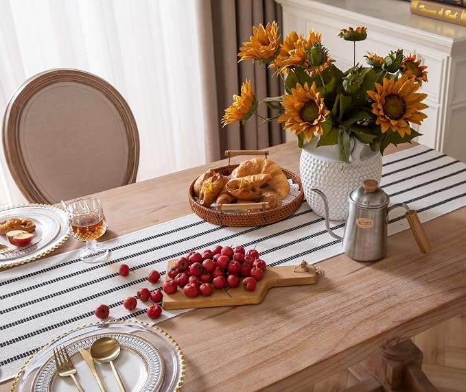 Caflife Boho Table Runner 72 Inchs Long Black and Beige, Cotton and Linen Woven - Image 5