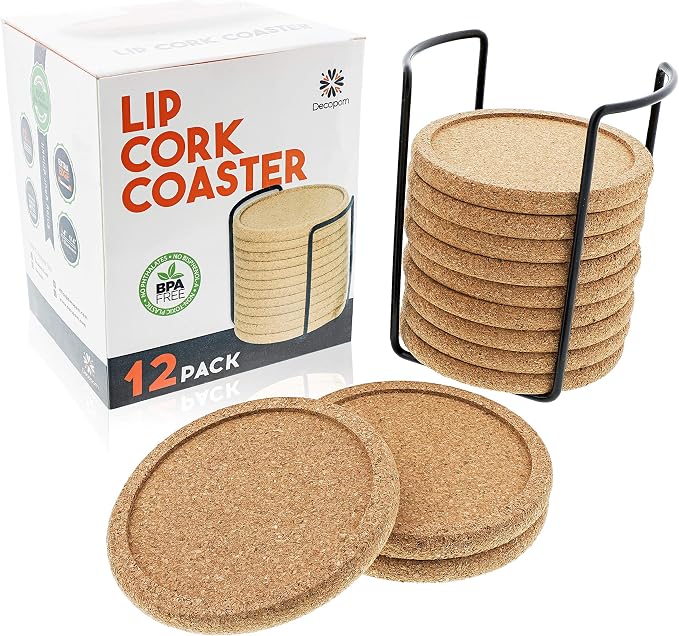 Cork Coasters with Lip for Drinks Absorbent | 12 Set 4 Inch Thick Rustic Saucer - Image 8