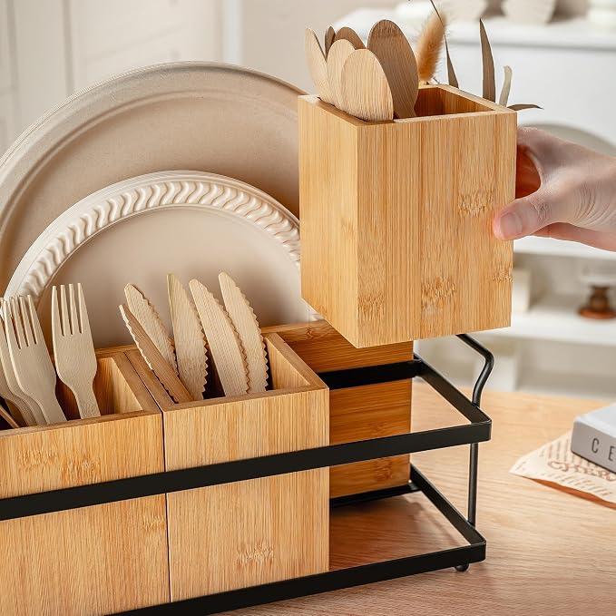 PTSTING Silverware Caddy Wood Silverware Holder Paper Plate Dispenser | - Image 5