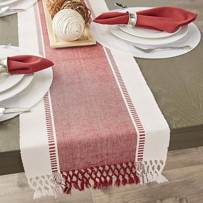 DII Dobby Stripe Table Runner, Barn Red & Cream Background | Woven Decorative - Image 6