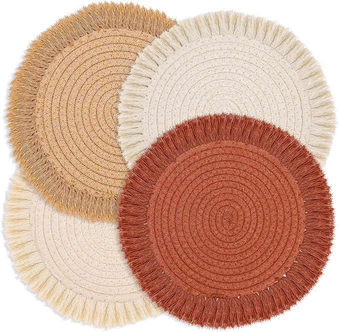 13 Inch Round Cotton Placemat Set of 4 Boho Placemats Table Mats Woven Washable by Lucomb
