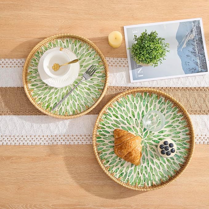 Round Rattan Tray with Mother of Pearl Inlay, Rattan Serving Tray with Wooden - Image 2