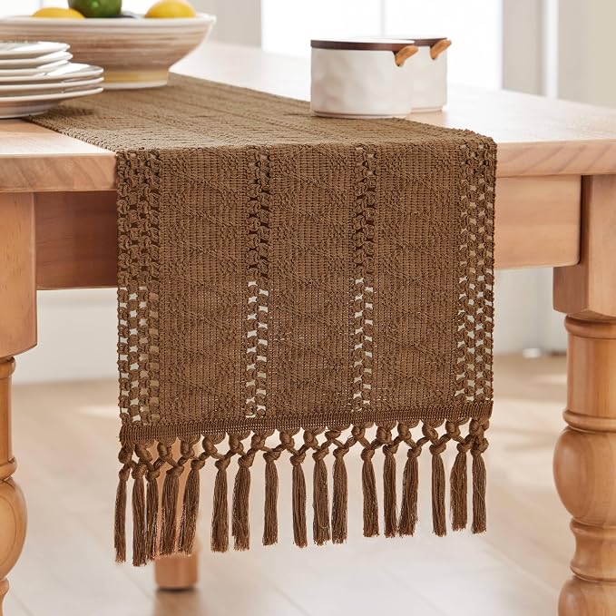 Macrame Style Boho Table Runner, 12x36 Inch Caramel | Woven Boho Table Runner - Image 7