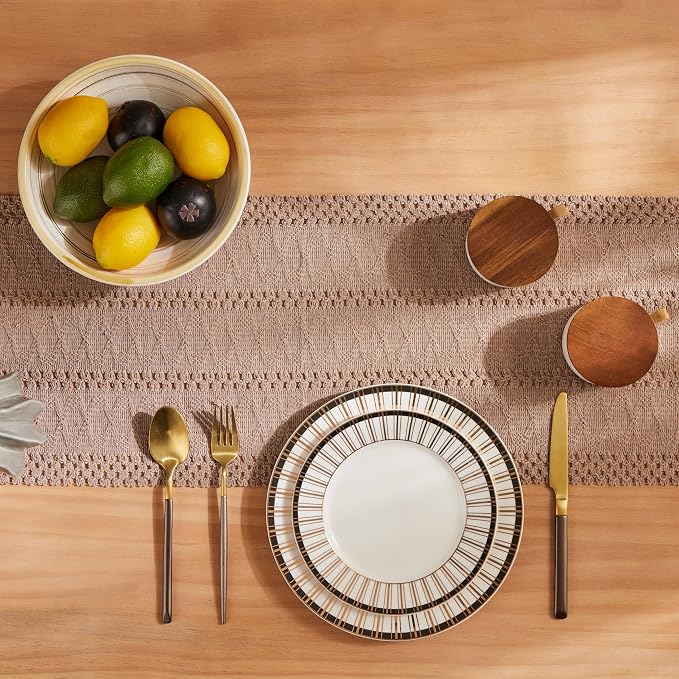 Macrame Style Boho Table Runner, 12x90 Inch Taupe | Woven Boho Table Runner - Image 4