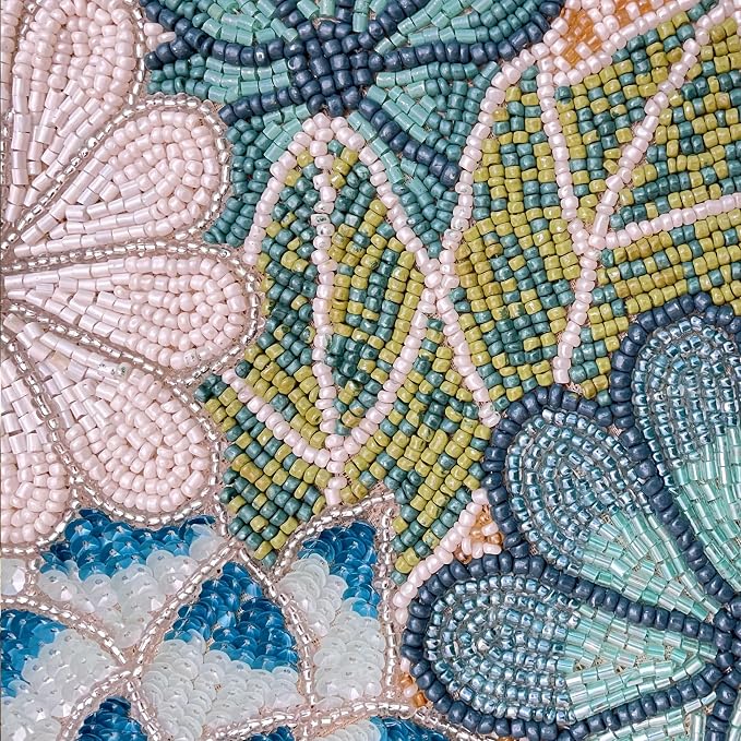 13" Flower Beaded Placemats, Teal Multi, Round Dining Table Mat | Flower Beaded - Image 4