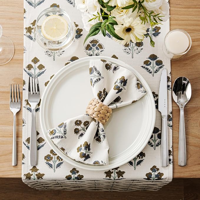 Block Print Floral Decorative Table Runners, 13x48 Inch Brown | 100% Organic - Image 3