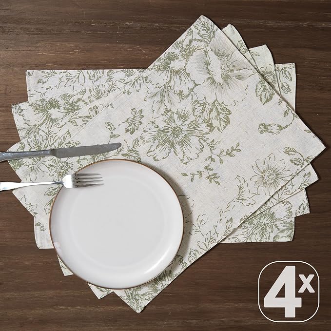JINCHAN Alice Linen Floral Placemats Set of 4 Farmhouse 13x19 Inch Green | - Image 5