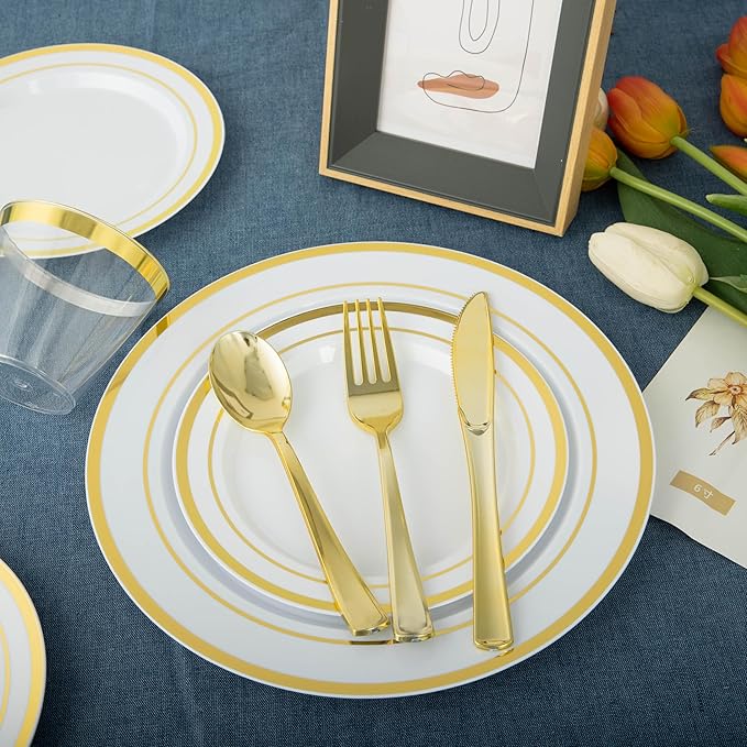 600PCS White and Gold Plastic Plates, Disposable Dinnerware Set | 100 Dinner & - Image 5