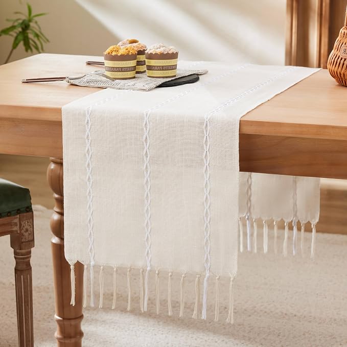 Braided Farmhouse Table Runner, Braided Beige 13x108 Inch, Cotton Linen Table by Unknown
