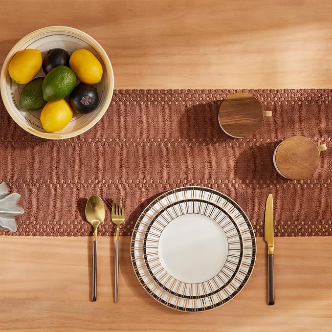 Macrame Style Boho Table Runner, 12x36 Inch Terracotta | Woven Boho Table Runner - Image 4