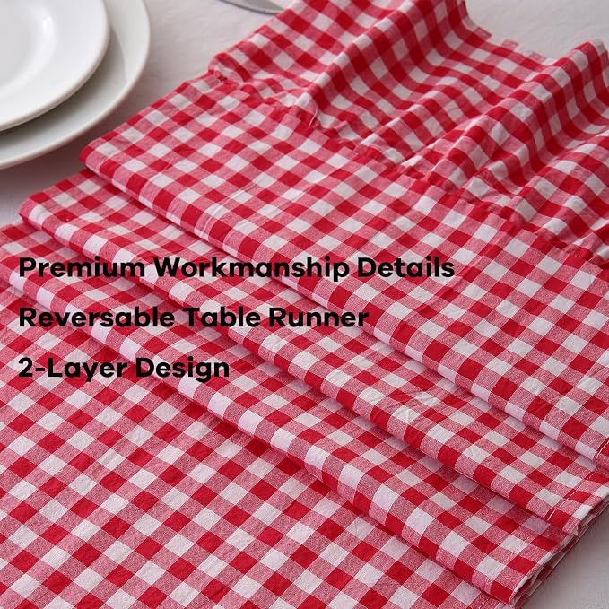 Red White Plaid Gingham Ruffle Table Runner 90 inches Long 100% Washed Cotton - Image 5