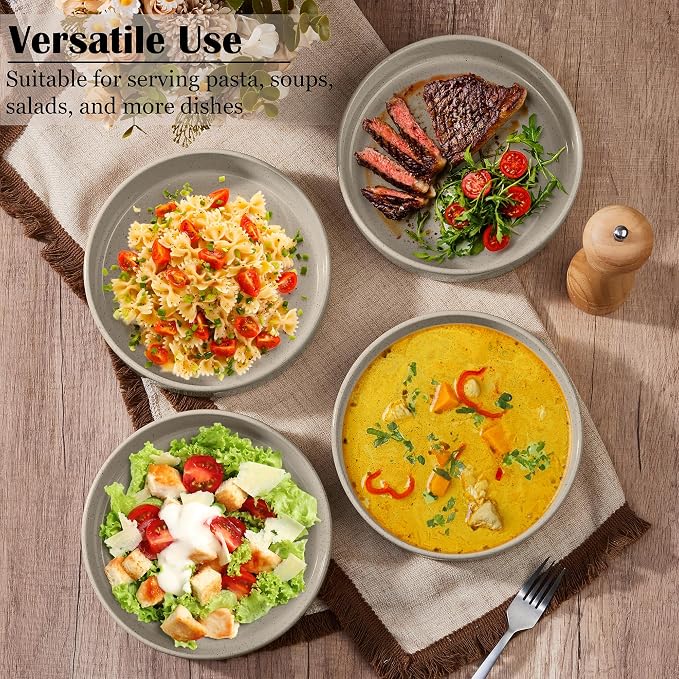 E-far Pasta Bowls Set of 6, 35 oz Large Stoneware Bowl Plates | Shallow & Wide - Image 4