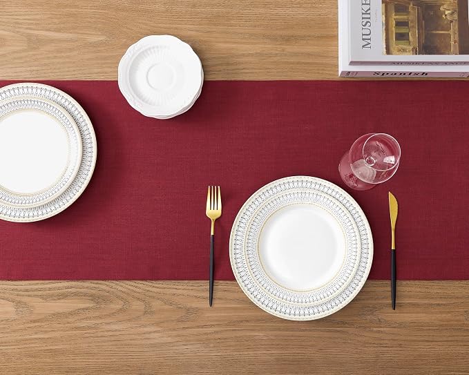 Linen Textured Border Table Runner, 14 x 60 Inch Red | Mitered Corner Design - Image 4