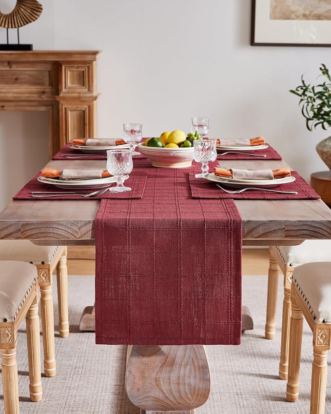 Linen Checked Farmhouse Table Runner, 13x60 Inches Burgundy | Raised Grid Design - Image 2