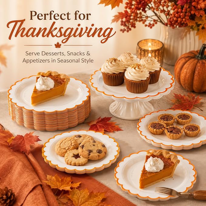 30 Pack Orange and White Paper Plates 7 Inch, Disposable Scalloped Plates - Image 5