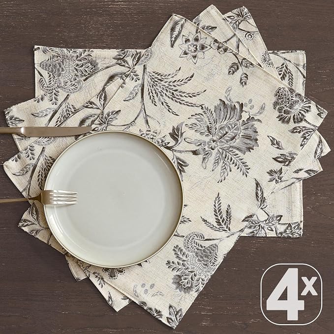 JINCHAN Sliva Linen Floral Placemats Set of 4 Farmhouse 13x19 Inch Grey | - Image 6