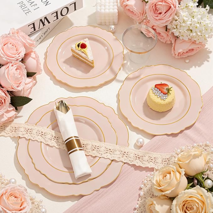 350PCS Pink Plates Disposable-PinK Plates 50guest Baroque Plastic Dinnerware - Image 5