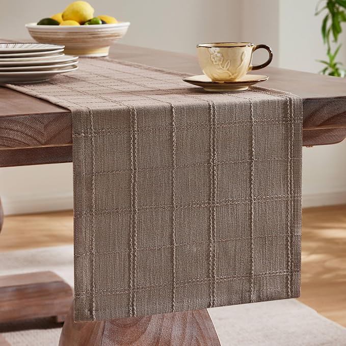 Linen Checked Farmhouse Table Runner, 13x108 Inches Cocoa Brown | Raised Grid - Image 4