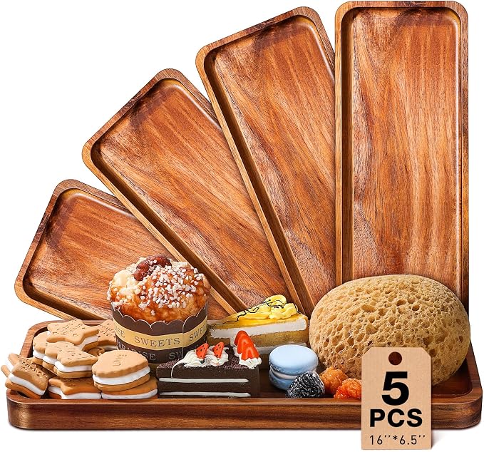 Roowest 5 Pack Solid Acacia Wood Serving Trays by Roowest