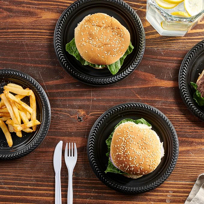 PLASTICPRO 200 PCS Black Plastic Plates Light Weight 7 Inch Plastic Dinner - Image 2