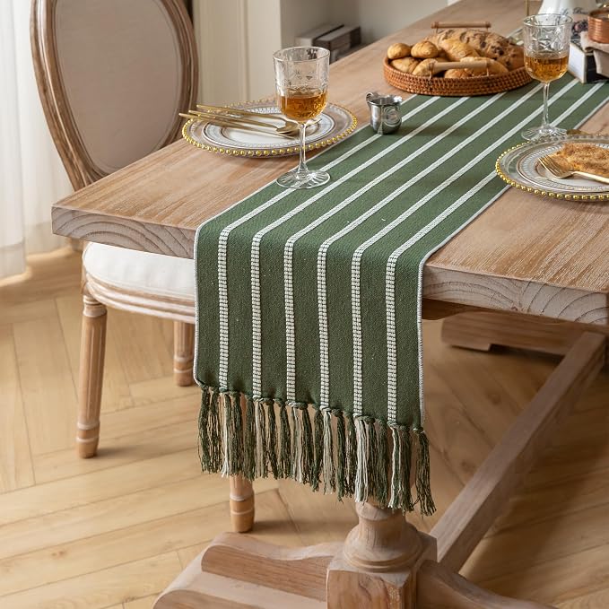 Caflife Boho Table Runner 72 Inchs Long Green, Cotton and Linen Woven - Image 2