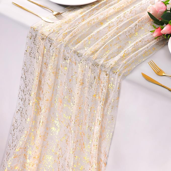 Snowkingdom 10 Ft Gold Table Runner, Sheer Gauze Chiffon Tulle Cheesecloth by Snowkingdom