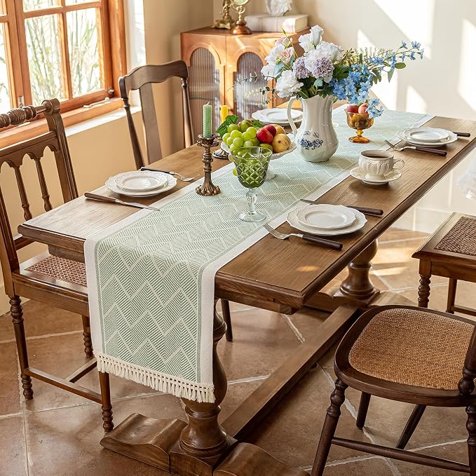 14x83 Geometric Table Runner Waterproof Boho Dresser Scarf Tassels | Hosting a - Image 2