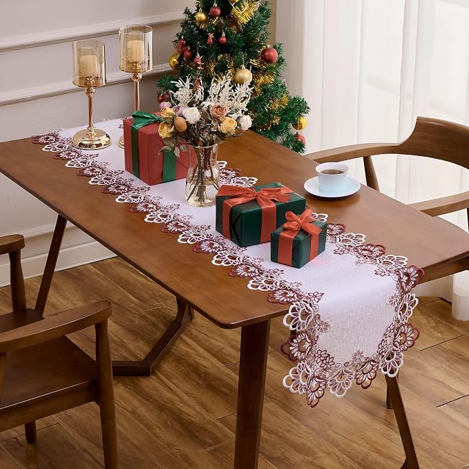 White Burgundy Jacquard Lace Table Runner 72 inches Dresser Scarf | French - Image 2