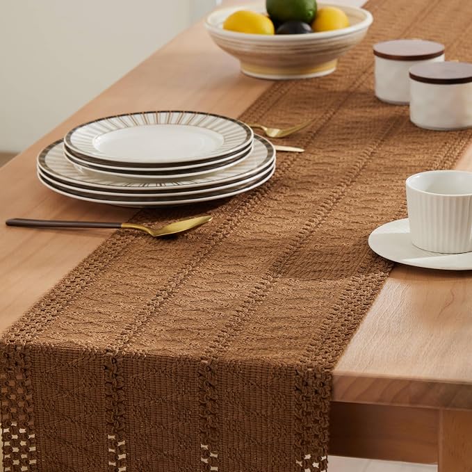 Macrame Style Boho Table Runner, 12x48 Inch Caramel | Woven Boho Table Runner - Image 5