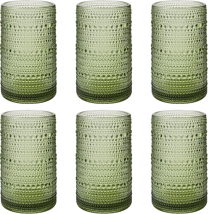 Vintage Hobnail Drinking Glasses Set of 6, 16 oz Large Capacity Embossed Green by Unknown