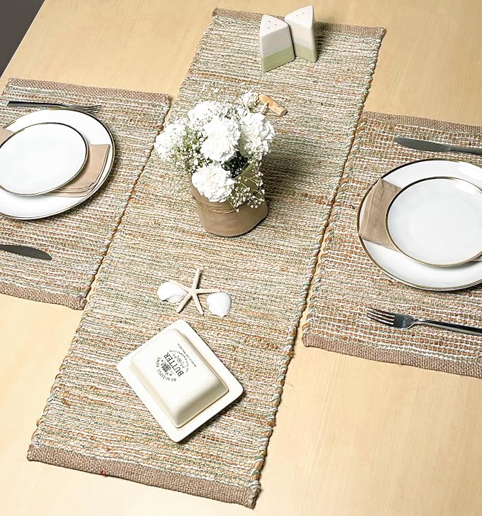 Natural Jute Table Runner, 13x48 Inch, Sage Green-White | Vintage Boho Rustic - Image 8