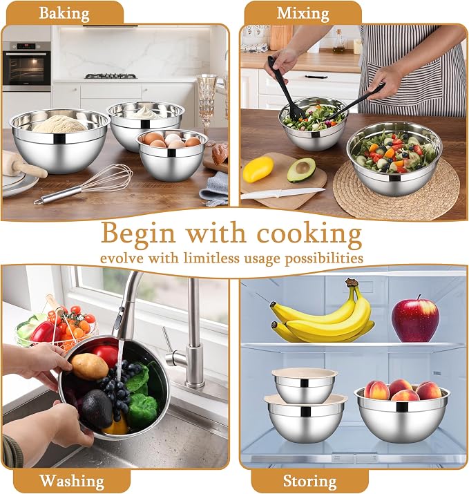 LIANYU Mixing Bowls with Lids Set, 3 Packs Stainless Steel Metal Bowls | Ideal - Image 4