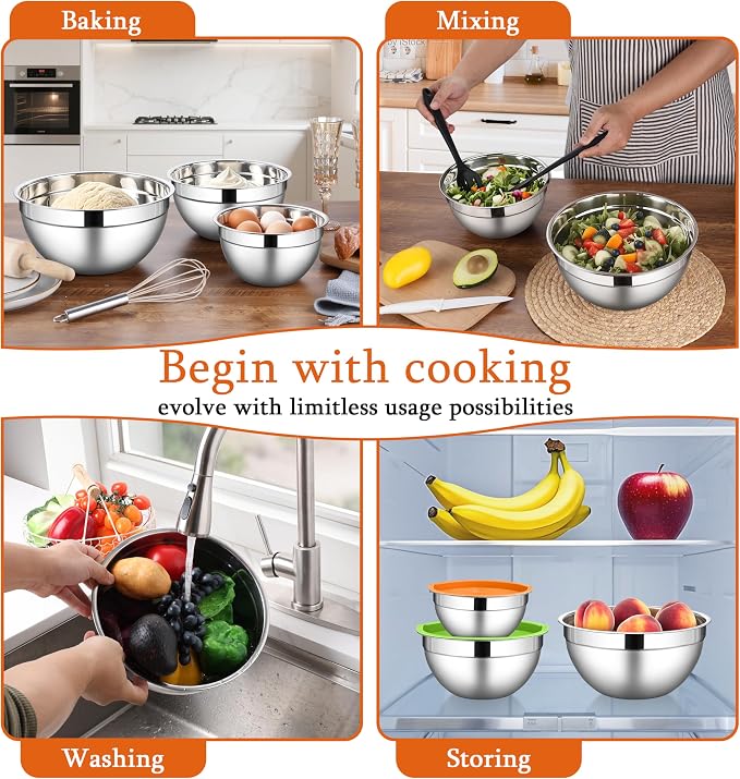 LIANYU Stainless Steel Metal Mixing Bowls, 3 Sizes Large and Small Salad Mixing - Image 4