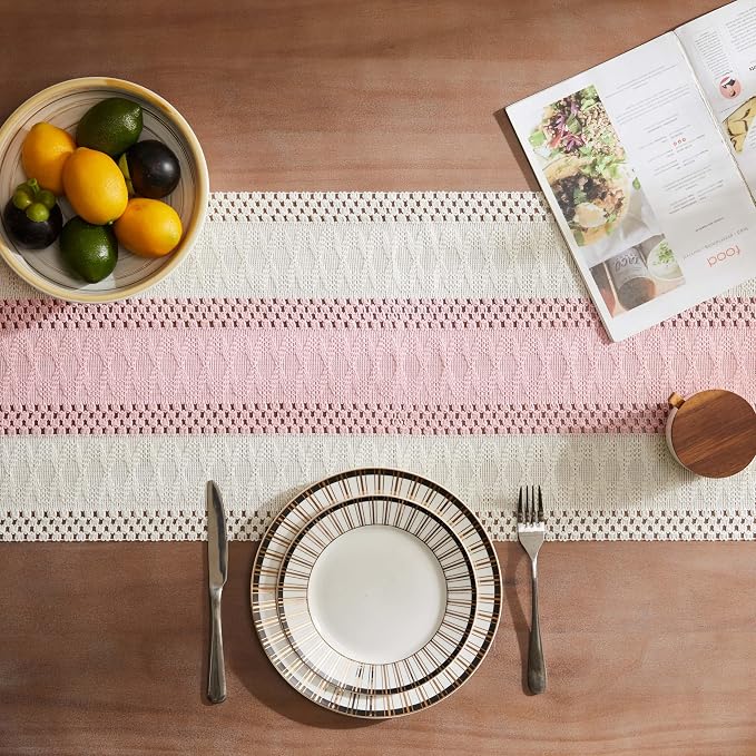 Macrame Style Bicolor Stitching Table Runner 14x36in Light Pink | Woven Boho - Image 4